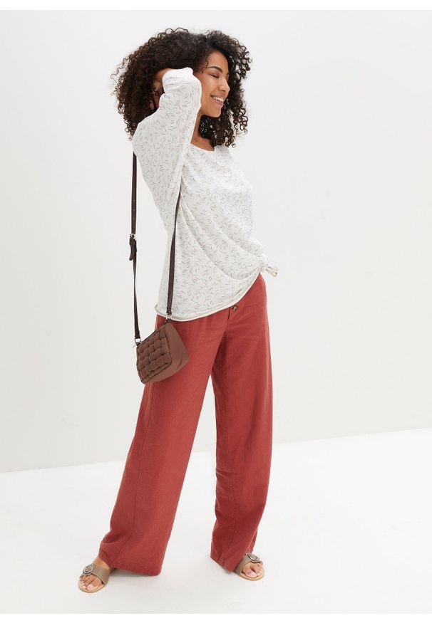 bonprix - Długie spodnie palazzo z domieszką lnu. Kolor: czerwony. Materiał: len. Długość: długie. Styl: elegancki