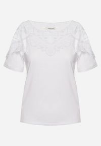 Born2be - Biały T-shirt Bawełniany z Koronkową Górą Naroca. Okazja: na co dzień. Kolor: biały. Materiał: koronka, bawełna. Wzór: koronka, aplikacja. Styl: casual, elegancki