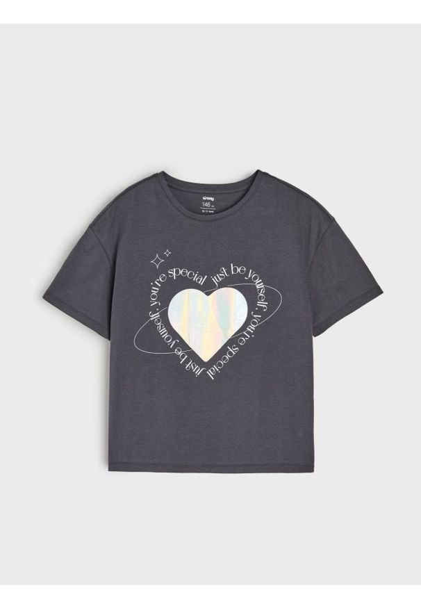 Sinsay - Bawełniana koszulka z połyskującymi elementami - szary. Kolor: szary. Materiał: bawełna