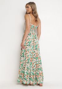 Born2be - Zielona Maxi Sukienka z Wiskozy na Cienkich Ramiączkach w Kwiaty Kernet. Kolor: zielony. Materiał: wiskoza. Długość rękawa: na ramiączkach. Wzór: kwiaty. Długość: maxi