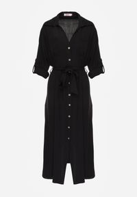 Renee - Czarna Koszulowa Sukienka z Bawełny z Wiązanym Paskiem i Podpinanymi Rękawami Cesela. Okazja: na co dzień. Kolor: czarny. Materiał: bawełna. Typ sukienki: koszulowe. Styl: boho, casual #8