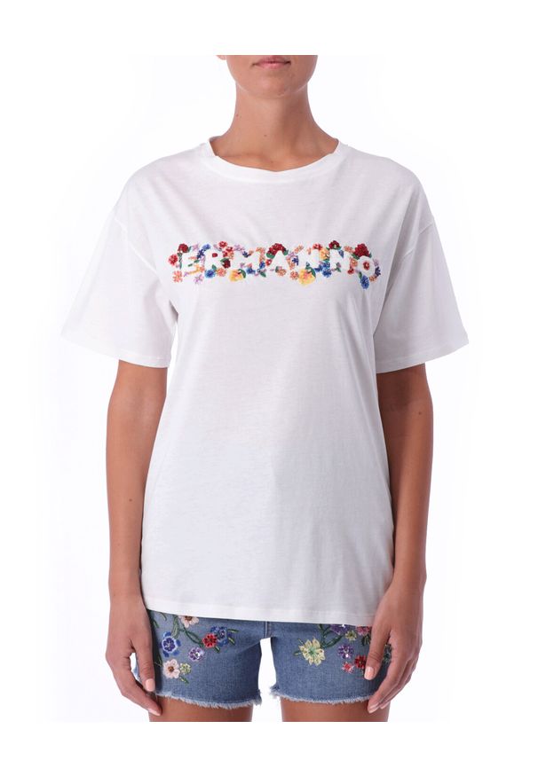Ermanno Firenze - ERMANNO FIRENZE - Biały t-shirt z kolorowym haftem. Kolor: biały. Materiał: bawełna. Długość: długie. Wzór: haft, kolorowy. Sezon: lato, wiosna