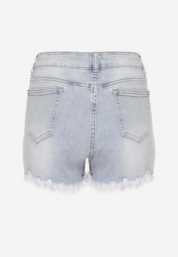 Born2be - Jasnoniebieskie Szorty Jeansowe z Wysokim Stanem Zdobione Przetarciami i Cyrkoniami Galinora. Okazja: na co dzień. Stan: podwyższony. Kolor: niebieski. Materiał: jeans. Wzór: aplikacja. Styl: elegancki, casual
