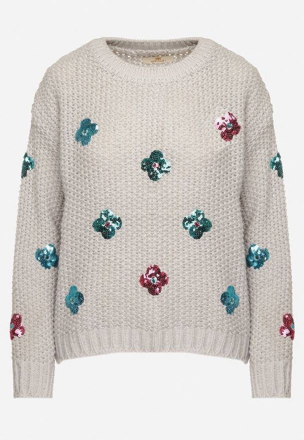 Born2be - Jasnoszary Sweter z Tłoczonej Dzianiny z Wiskozą Zdobiony Cekinowymi Kwiatami Edamara. Okazja: na co dzień. Kolor: szary. Materiał: wiskoza, dzianina. Długość rękawa: długi rękaw. Długość: długie. Wzór: aplikacja, kwiaty. Styl: klasyczny, wizytowy, casual