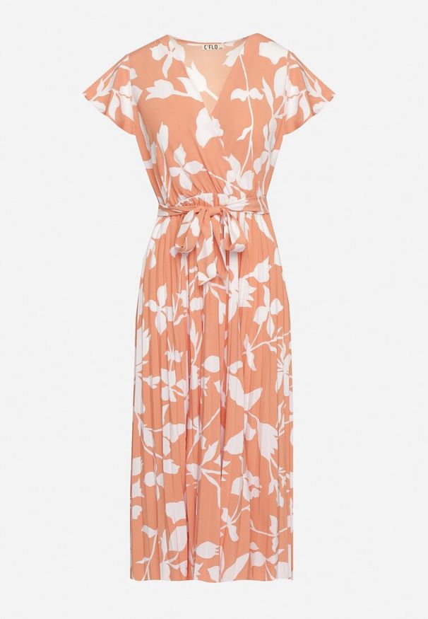 Born2be - Pomarańczowo-Biała Kopertowa Plisowana Sukienka z Gumką i Paskiem w Talii Denevia. Okazja: na co dzień. Kolor: pomarańczowy. Długość rękawa: krótki rękaw. Typ sukienki: kopertowe. Styl: casual