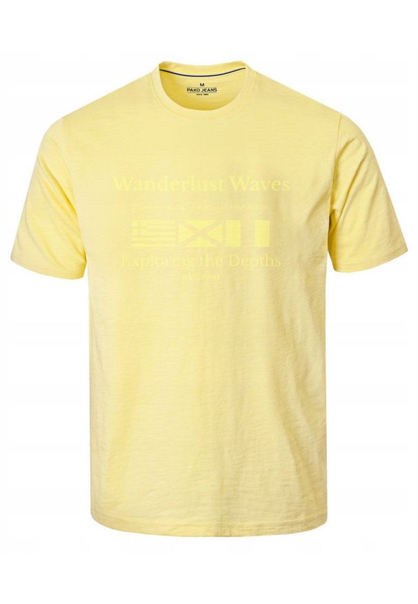 Bawełniana, Męska Koszulka (T-Shirt) - Pako Jeans - Żółta. Okazja: na co dzień. Kolor: żółty, wielokolorowy, złoty. Materiał: bawełna. Wzór: nadruk. Styl: casual
