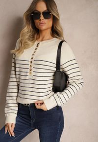Renee - Beżowo-Niebieski Sweter z Wiskozą w Poziome Paski z Guzikami przy Dekolcie Irivoni. Okazja: na co dzień. Kolor: beżowy. Materiał: wiskoza. Długość rękawa: długi rękaw. Długość: długie. Wzór: paski. Styl: casual, wizytowy