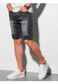 Ombre Clothing - Krótkie spodenki męskie jeansowe W306 - czarne - XXL. Kolor: czarny. Materiał: jeans. Długość: krótkie. Wzór: aplikacja. Styl: klasyczny #7
