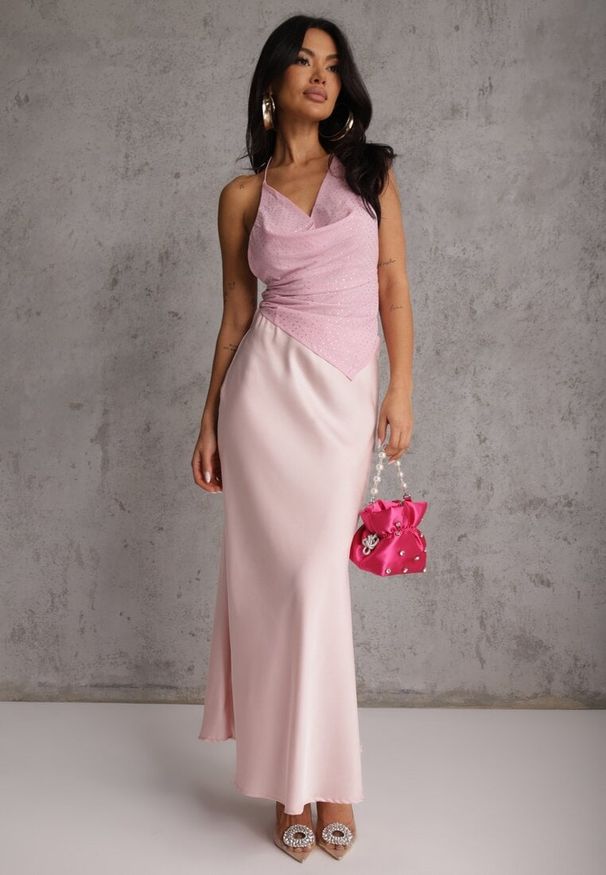 Renee - Różowa Koktajlowa Spódnica z Satyny o Rozkloszowanym Kroju Zinnivira. Kolor: różowy. Materiał: satyna. Styl: wizytowy