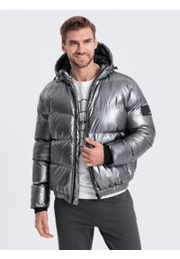 Ombre Clothing - Kurtka męska puffer błyszcząca z kapturem - grafitowa V2 - Rozmiar: S. Typ kołnierza: kaptur. Kolor: szary. Materiał: nylon, poliester, materiał