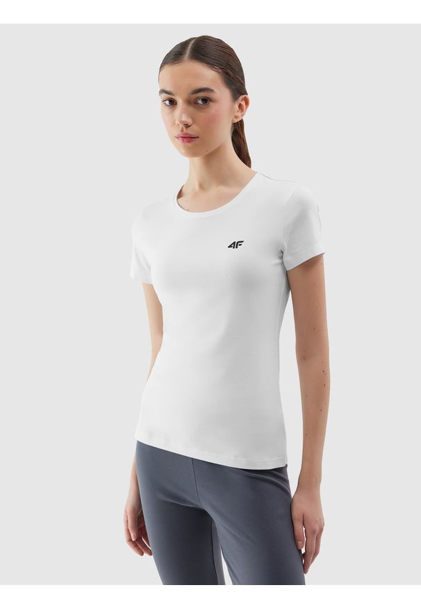 4f - T-shirt slim gładki damski - biały. Okazja: na co dzień. Kolor: biały. Materiał: bawełna, elastan, materiał, jersey, dzianina. Wzór: gładki. Styl: casual, sportowy