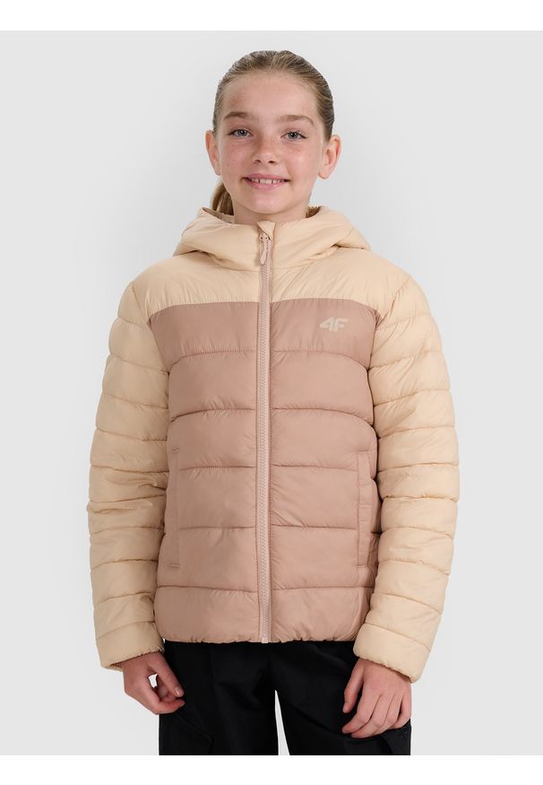 4f - 4F Kurtka puchowa z wypełnieniem syntetycznym dziewczęca - beżowa 164 (13-14 lat). Okazja: na co dzień. Typ kołnierza: kaptur. Kolor: beżowy. Materiał: puch, syntetyk. Długość: długie. Wzór: gładki. Sezon: lato. Styl: casual, klasyczny, sportowy