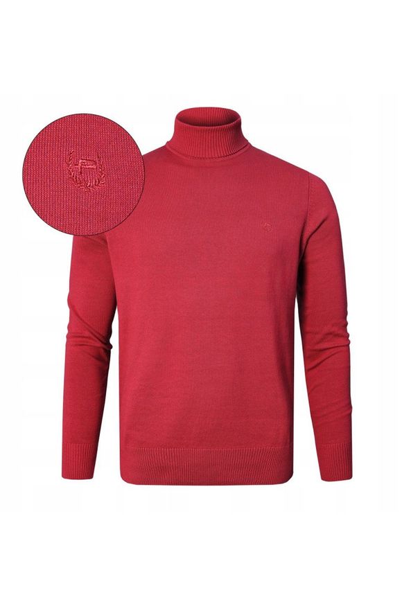 Bawełniany Męski Golf - Pako Jeans - Malinowa Czerwień. Typ kołnierza: golf. Kolor: czerwony. Materiał: bawełna. Styl: klasyczny