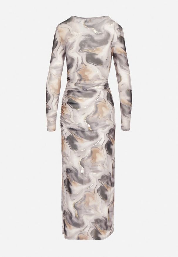 Born2be - Szara Dopasowana Sukienka z Siateczki z Błyszczącym Wzorem Tie-Dye Ninelwena. Okazja: na co dzień. Kolor: szary. Materiał: skóra. Długość rękawa: długi rękaw. Styl: elegancki, glamour, casual
