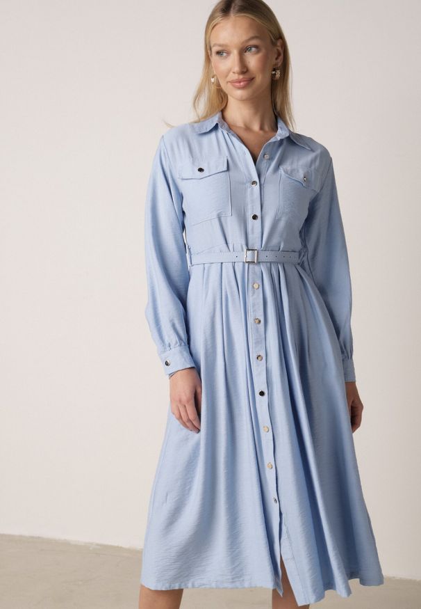 Born2be - Niebieska Wiskozowa Sukienka Koszulowa z Paskiem Andranassa. Okazja: na co dzień. Kolor: niebieski. Materiał: wiskoza. Wzór: aplikacja. Typ sukienki: koszulowe. Styl: casual, elegancki