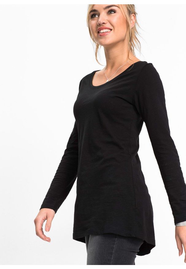 bonprix - Shirt z długim rękawem, z czystej bawełny. Kolor: czarny. Materiał: bawełna. Długość rękawa: długi rękaw. Długość: długie