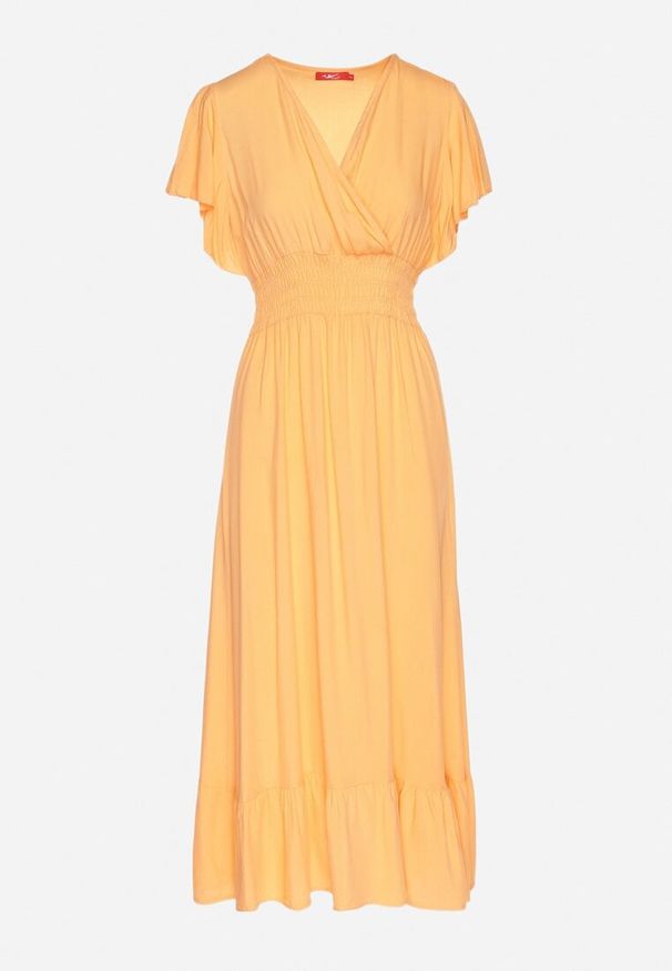 Born2be - Pomarańczowa Wiskozowa Kopertowa Sukienka o Rozkloszowanym Kroju Nellrive. Okazja: na co dzień. Typ kołnierza: dekolt w serek. Kolor: pomarańczowy. Materiał: wiskoza. Długość rękawa: krótki rękaw. Typ sukienki: kopertowe. Styl: casual, elegancki