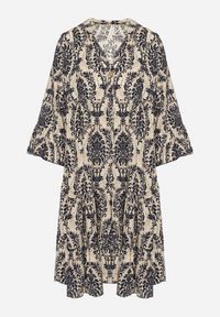 Born2be - Granatowo-Beżowa Bawełniana Rozkloszowana Sukienka z Falbankami Miloa. Typ kołnierza: kołnierz z falbankami. Kolor: niebieski. Materiał: bawełna. Typ sukienki: rozkloszowane #6