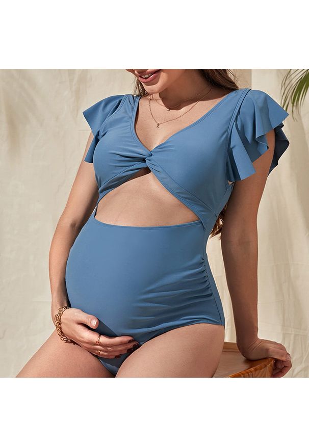 Intica - Strój kąpielowy ciążowy z falbanką na plażę i basen Britani. Kolekcja: moda ciążowa. Kolor: niebieski. Materiał: materiał