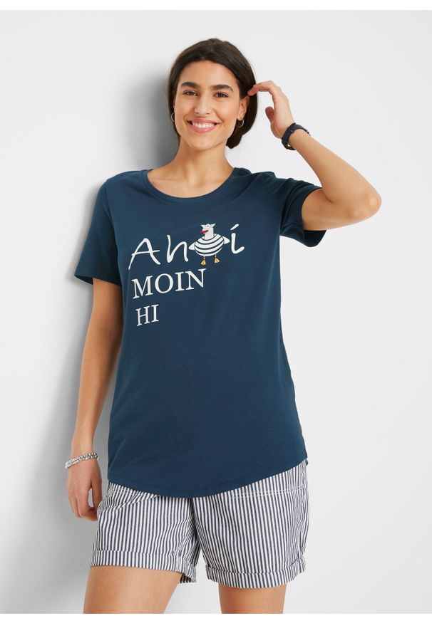 bonprix - T-shirt bawełniany z marynarskim nadrukiem. Kolor: niebieski. Materiał: bawełna. Wzór: nadruk