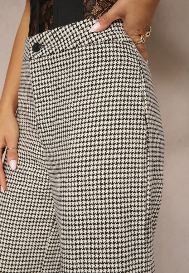 Renee - Czarno-Beżowe Spodnie z Wiskozą High Waist o Szerokim Kroju w Pepitkę Enithra. Okazja: na co dzień. Stan: podwyższony. Kolor: czarny. Materiał: wiskoza. Styl: klasyczny, casual, elegancki