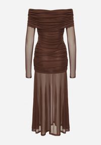 Born2be - Brązowa Taliowana Sukienka Typu Hiszpanka z Transparentnymi Wstawkami Halacia. Typ kołnierza: dekolt hiszpanka. Kolor: brązowy. Styl: elegancki #7