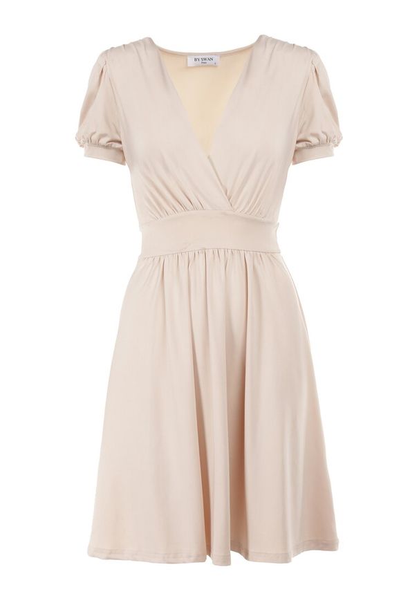 Born2be - Beżowa Sukienka Coryle. Okazja: na wesele, na ślub cywilny. Kolor: beżowy. Materiał: wiskoza, dzianina. Długość rękawa: krótki rękaw. Wzór: gładki. Typ sukienki: kopertowe. Długość: mini