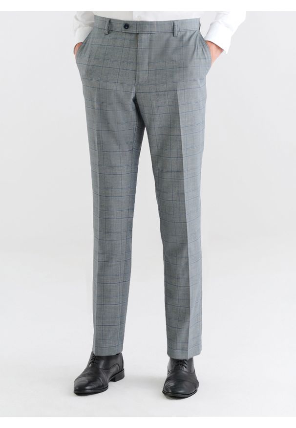 Pako Lorente - PAKO LORENTE – Szare spodnie garniturowe w niebieską kratę. Kolor: szary, niebieski, wielokolorowy. Materiał: wiskoza, poliester, elastan