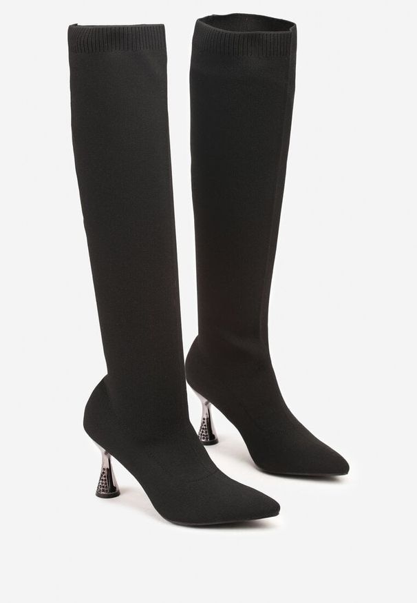 Renee - Czarne Kozaki Vices ze Skarpetkową Cholewką na Klepsydrze z Cyrkoniami Gioluna. Okazja: na imprezę. Zapięcie: bez zapięcia. Kolor: czarny. Materiał: jeans. Szerokość cholewki: normalna. Obcas: na obcasie. Styl: elegancki. Wysokość obcasa: średni