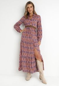 Born2be - Ciemnoróżowa Sukienka Hypsamna. Kolor: różowy. Materiał: bawełna, skóra. Długość rękawa: długi rękaw. Wzór: nadruk, aplikacja. Typ sukienki: koszulowe, szmizjerki. Długość: maxi #1