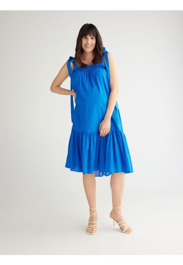 Reserved - Bawełniana sukienka z falbaną - niebieski. Kolor: niebieski. Materiał: bawełna