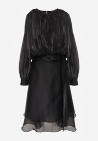 Renee - Czarna Rozkloszowana Sukienka Wieczorowa z Szyfonowej Tkaniny Amanna. Kolor: czarny. Materiał: szyfon, tkanina. Wzór: aplikacja. Typ sukienki: rozkloszowane. Styl: wizytowy #3