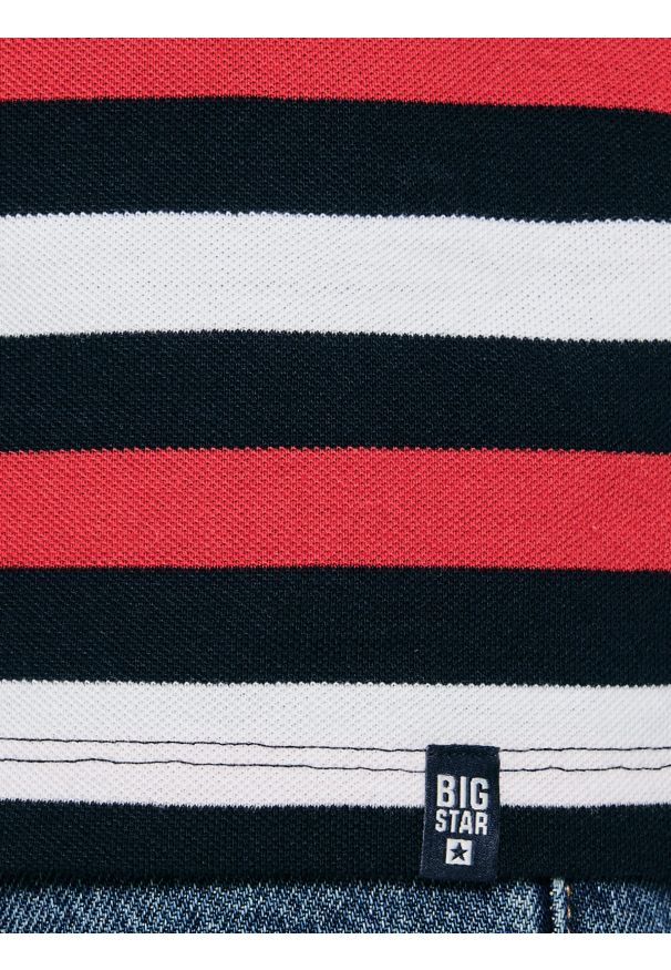 Big-Star - Koszulka męska polo w kolorowe paski Seulir 603. Okazja: na co dzień. Typ kołnierza: polo. Kolor: czerwony. Materiał: jeans, dzianina, żakard, bawełna. Wzór: paski, kolorowy. Styl: casual, klasyczny, elegancki