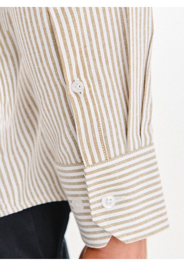 Pako Lorente - PAKO LORENTE - Beżowa koszula męska w paski. Kolor: beżowy. Materiał: poliester, bawełna. Długość: długie. Wzór: paski. Sezon: jesień