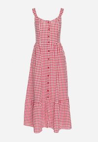 Born2be - Czerwona Sukienka w Drobną Kratkę Ozdobiona Guzikami Lenimme. Okazja: na co dzień. Kolor: czerwony. Długość rękawa: na ramiączkach. Wzór: kratka, aplikacja. Styl: casual, vintage, elegancki #6