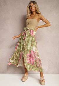 Renee - Zielono-Różowa Rozkloszowana Spódnica z Wiskozy z Nieodpinanymi Ozdobnymi Guzikami Zafina. Okazja: na co dzień. Kolor: zielony. Materiał: wiskoza. Styl: elegancki, casual #4