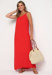 Born2be - Czerwona Taliowana Sukienka na Ramiączkach Rivaniell. Okazja: na co dzień, na imprezę. Kolor: czerwony. Materiał: jeans. Długość rękawa: na ramiączkach. Typ sukienki: oversize. Styl: elegancki, casual #7