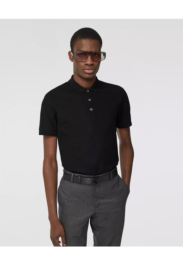 Burberry - BURBERRY - Czarna koszulka polo. Typ kołnierza: polo. Kolor: czarny. Materiał: jeans, bawełna. Wzór: aplikacja. Styl: klasyczny