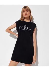 Philipp Plein - PHILIPP PLEIN - Czarna bawełniana sukienka z logo. Okazja: na co dzień. Kolor: czarny. Materiał: bawełna. Wzór: haft. Styl: casual. Długość: mini