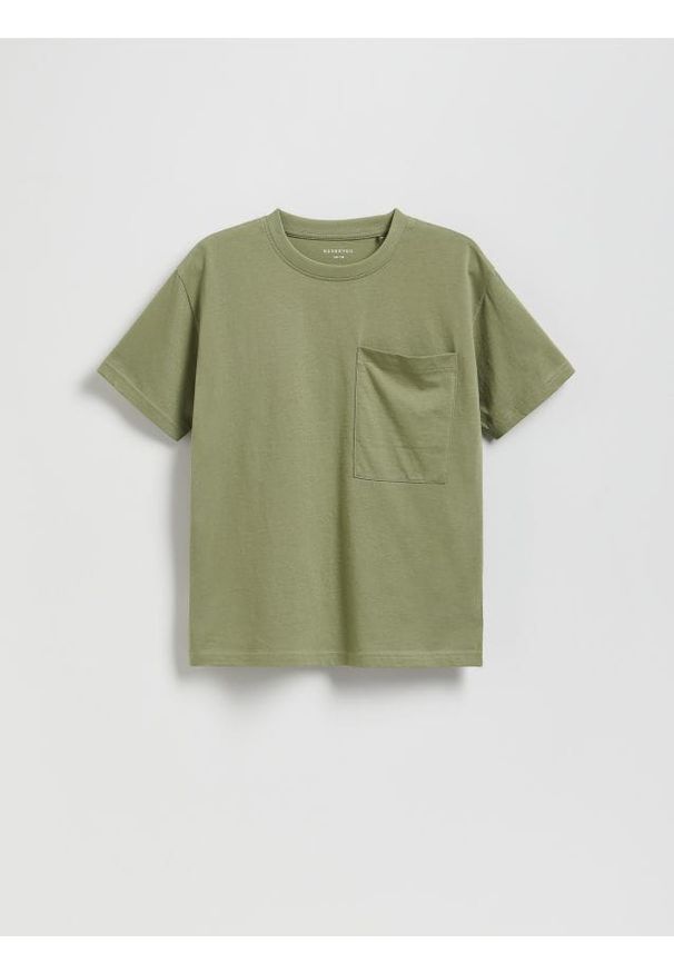 Reserved - Bawełniany t-shirt - oliwkowy. Kolor: oliwkowy. Materiał: bawełna
