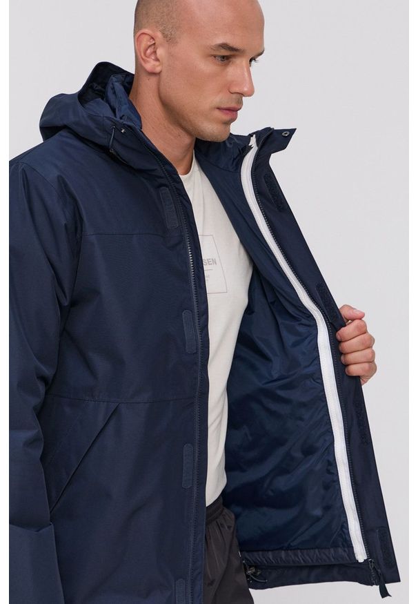 Helly Hansen - Kurtka. Okazja: na co dzień. Typ kołnierza: kaptur. Kolor: niebieski. Materiał: włókno, puch, materiał. Wzór: gładki. Sezon: zima. Styl: casual