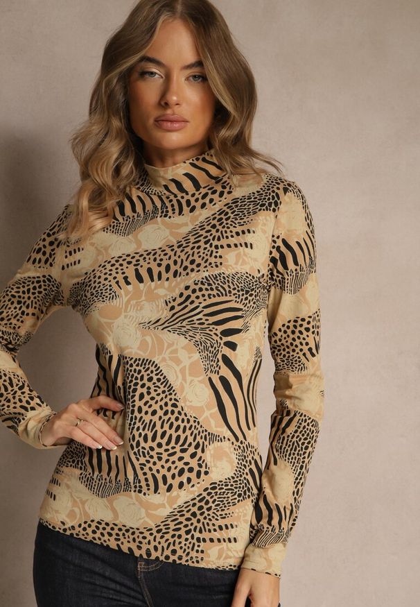 Renee - Beżowo-Czarna Bluzka Longsleeve z Bawełny z Półgolfem i Panterkowym Printem Unalla. Kolor: beżowy. Materiał: bawełna. Długość rękawa: długi rękaw. Wzór: nadruk
