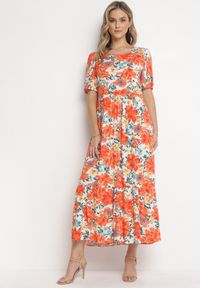 Born2be - Pomarańczowa Rozkloszowana Sukienka Maxi z Gumką w Pasie Ameera. Kolor: pomarańczowy. Wzór: aplikacja. Długość: maxi