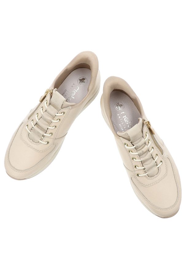 Beżowe Sneakersy Rieker Modne Obuwie Damskie. Okazja: na co dzień. Kolor: beżowy. Materiał: skóra. Styl: elegancki, casual