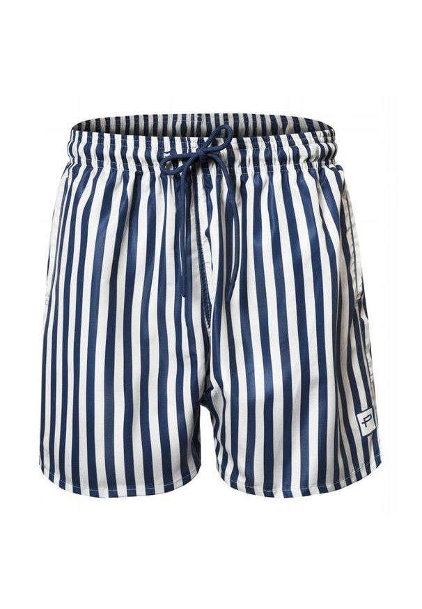 Męskie Spodenki Plażowe (Kąpielowe) - Pako Jeans - Granatowe w Prążek. Kolor: niebieski. Materiał: poliester. Wzór: prążki