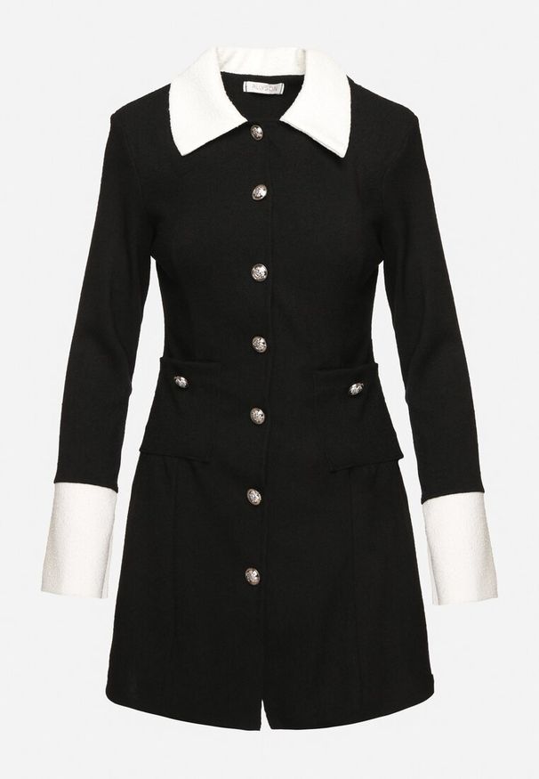 Born2be - Czarna Sukienka z Usztywnioną Linią Ramion z Guzikami Sewiana. Kolor: czarny. Materiał: skóra