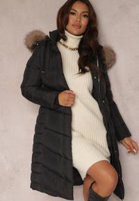 Renee - Czarna Kurtka Pikowana z Paskiem Delione. Kolor: czarny. Materiał: jeans, materiał, futro. Długość rękawa: długi rękaw. Długość: długie. Wzór: gładki, jednolity #6