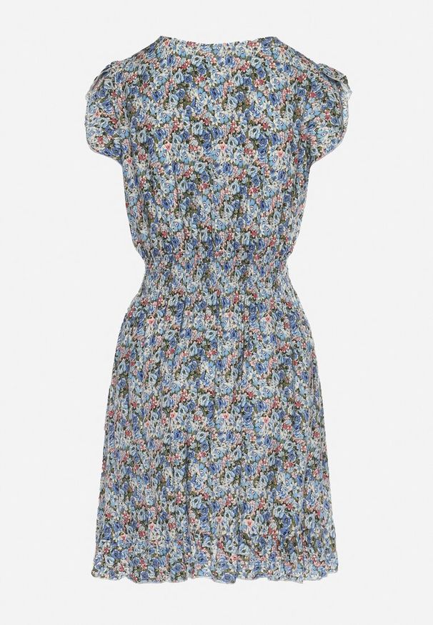 Born2be - Niebieska Bawełniana Sukienka z Gumką w Talii w Kwiatowy Wzór Bomalia. Typ kołnierza: kołnierz z falbankami. Kolor: niebieski. Materiał: bawełna. Wzór: kwiaty. Sezon: lato