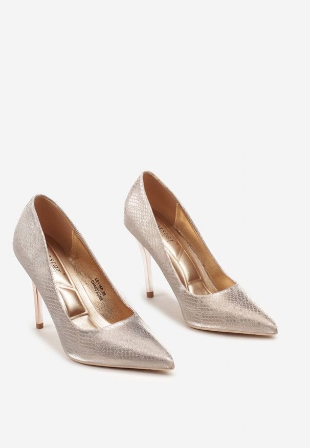 Renee - Szampańskie Eleganckie Szpilki w Klasycznym Stylu Calivia. Nosek buta: otwarty. Kolor: złoty. Materiał: materiał. Obcas: na szpilce. Styl: klasyczny, elegancki. Wysokość obcasa: średni