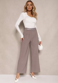 Renee - Szare Garniturowe Spodnie High Waist z Gumką i Dodatkowym Paskiem w Talii Mattine. Stan: podwyższony. Kolor: szary. Materiał: dzianina